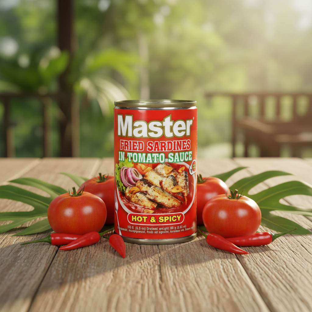 Master Sardines in Tomato Sauce Hot & Spicy 155g - Filipino tropical background